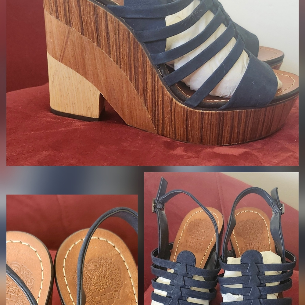 New-Vince Camuto Onia Blue Suede Platform Sling Back Heel Wedge Sandals Size8.5M - Picture 2 of 11